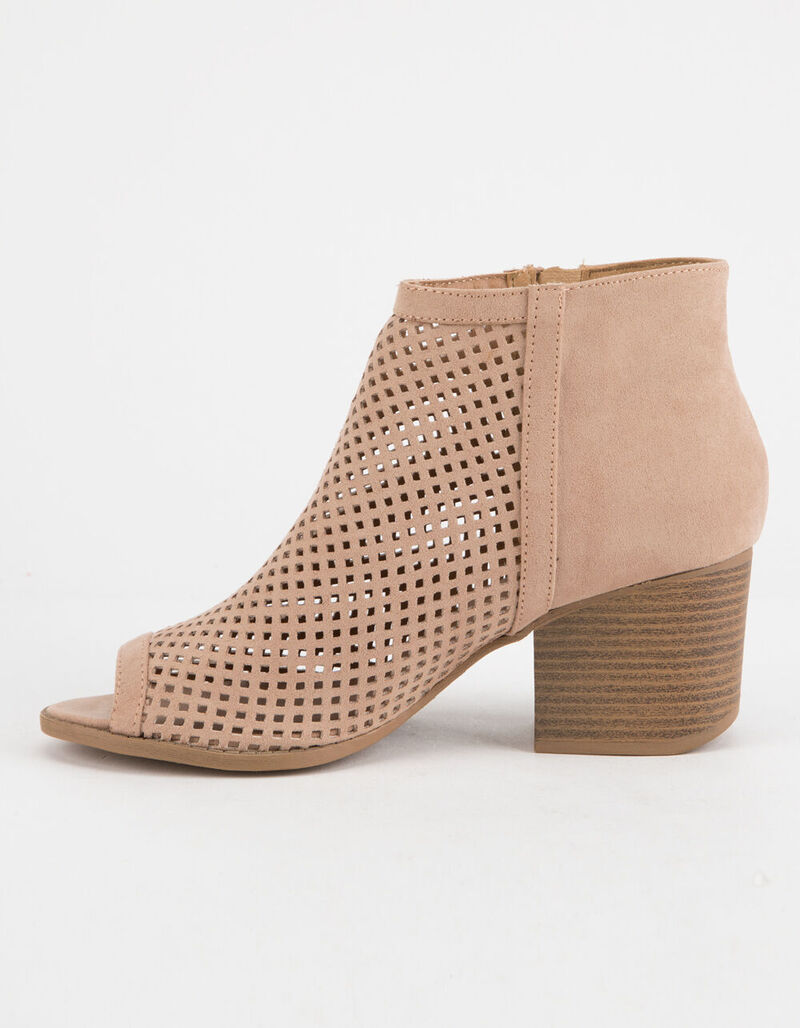 QUPID Peep Toe Perforated Womens Taupe Booties - TAUPE - 327610413