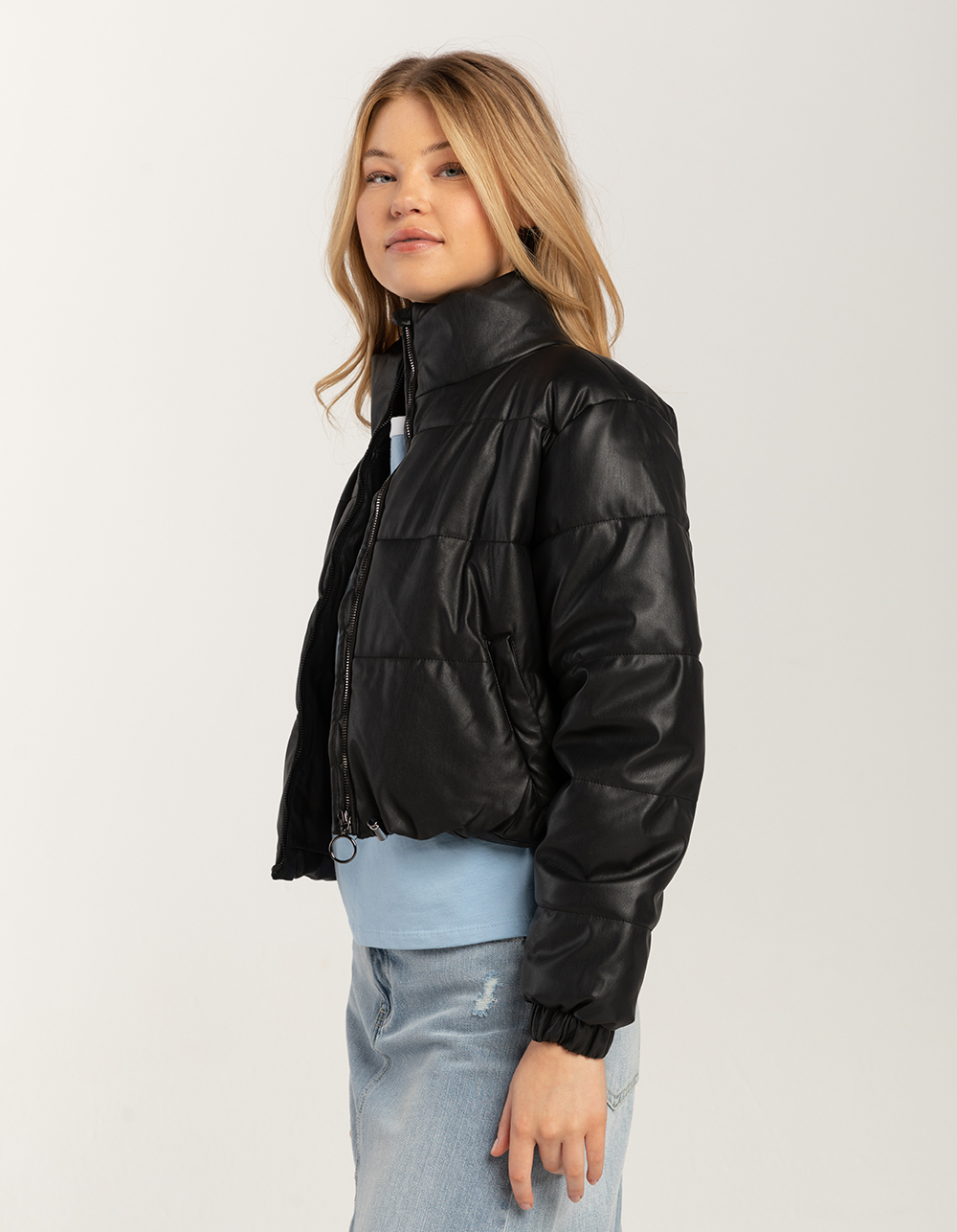 URBAN REPUBLIC Cropped Faux Leather Womens Puffer Jacket - BLACK | Tillys