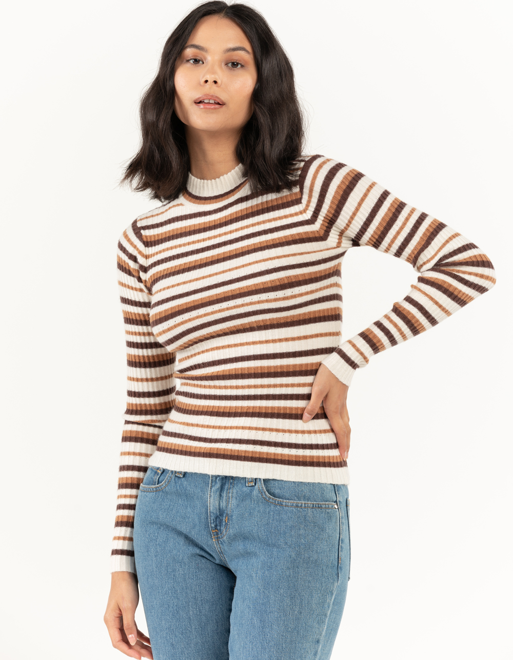 RSQ Womens Rib Stripe Mock Neck Pullover Sweater - BROWN COMBO | Tillys