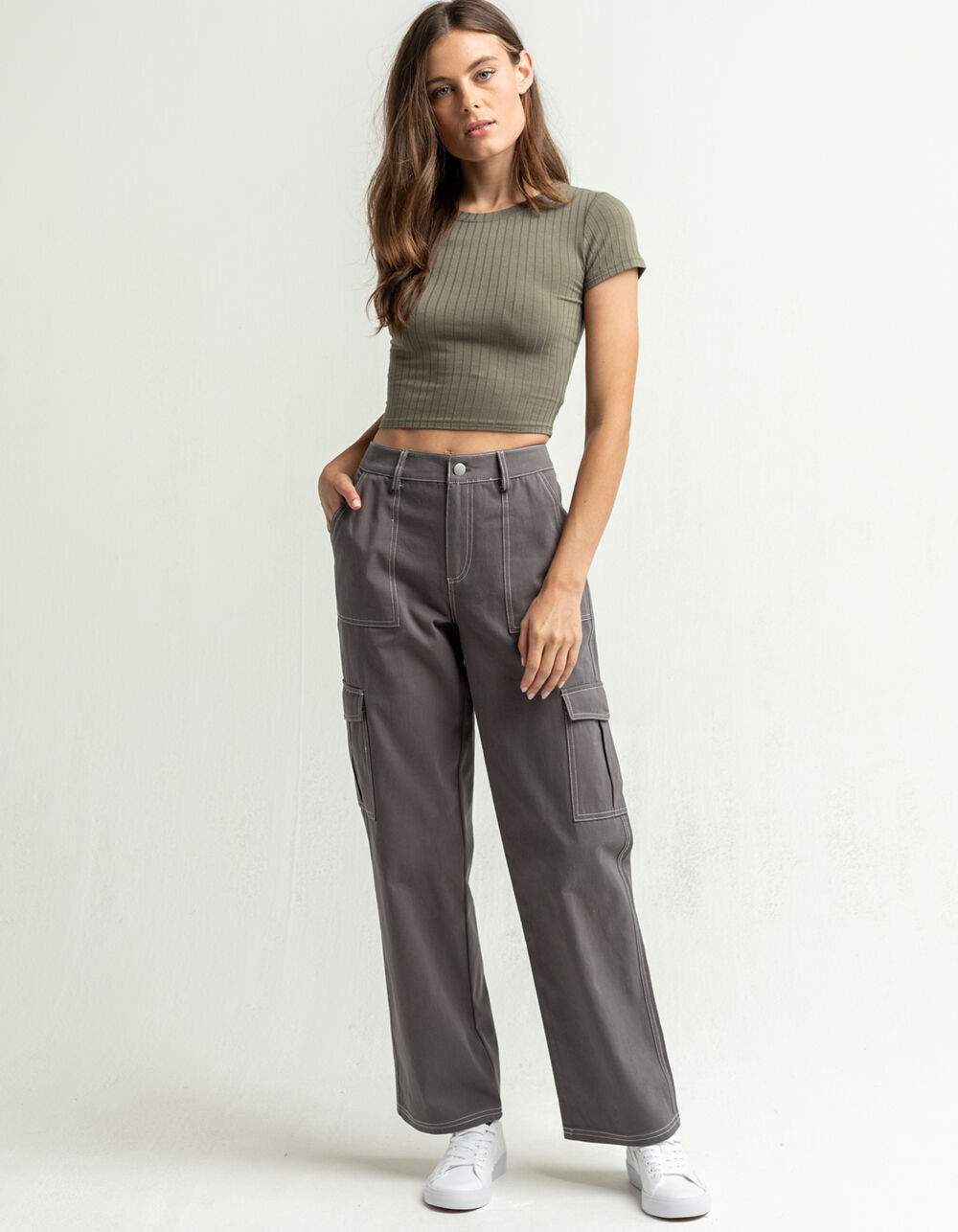 FULL TILT Contrast Stitch Womens Gray Cargo Pants - GRAY | Tillys