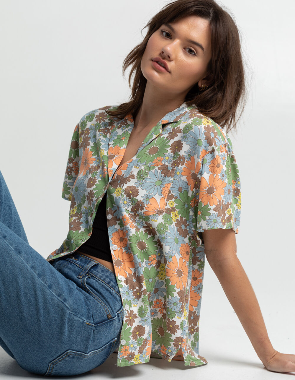 RSQ Floral Oversized Womens Camp Shirt - Cream Combo | Tillys