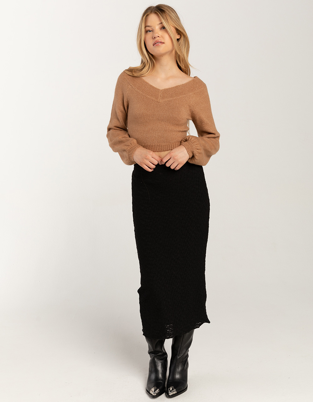 WEST OF MELROSE Textured Womens Midi Skirt - BLACK | Tillys