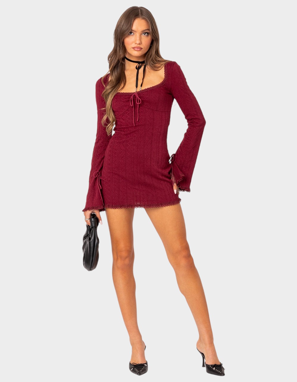 EDIKTED Krista Lacey Knit Mini Dress - DK RED