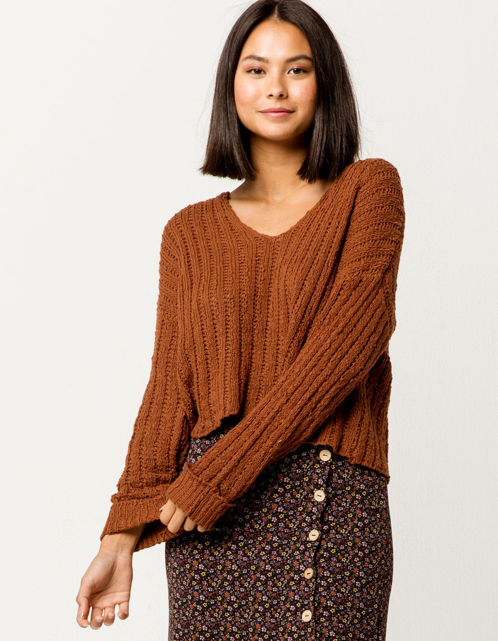 SKY AND SPARROW Open Weave Brown Womens Crop Sweater - BROWN | Tillys
