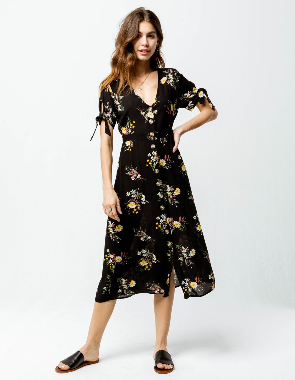 SKY AND SPARROW Vine Tie Sleeve Button Front Maxi Dress - BLACK COMBO ...