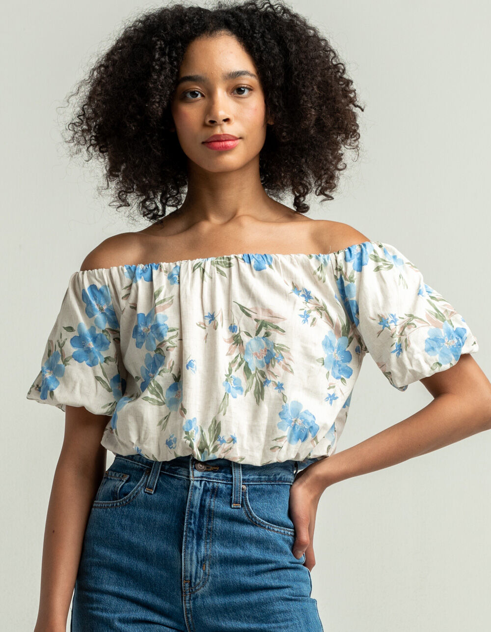 MILEY & MOLLY Floral Bubble Hem Womens Off The Shoulder Top - BLUE ...