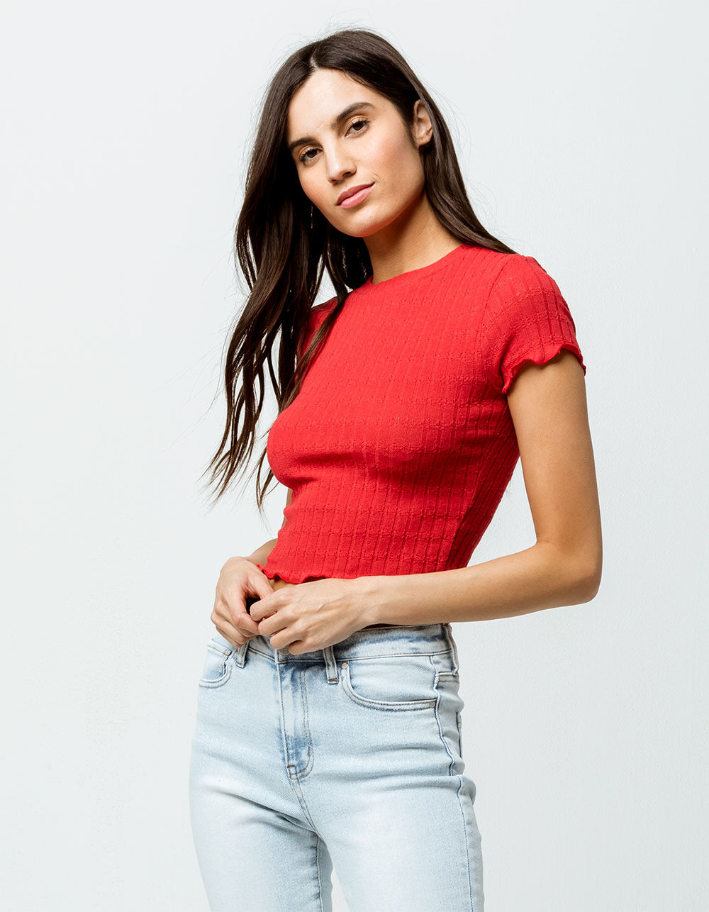 IVY & MAIN Textured Lettuce Edge Womens Crop Tee - RED | Tillys