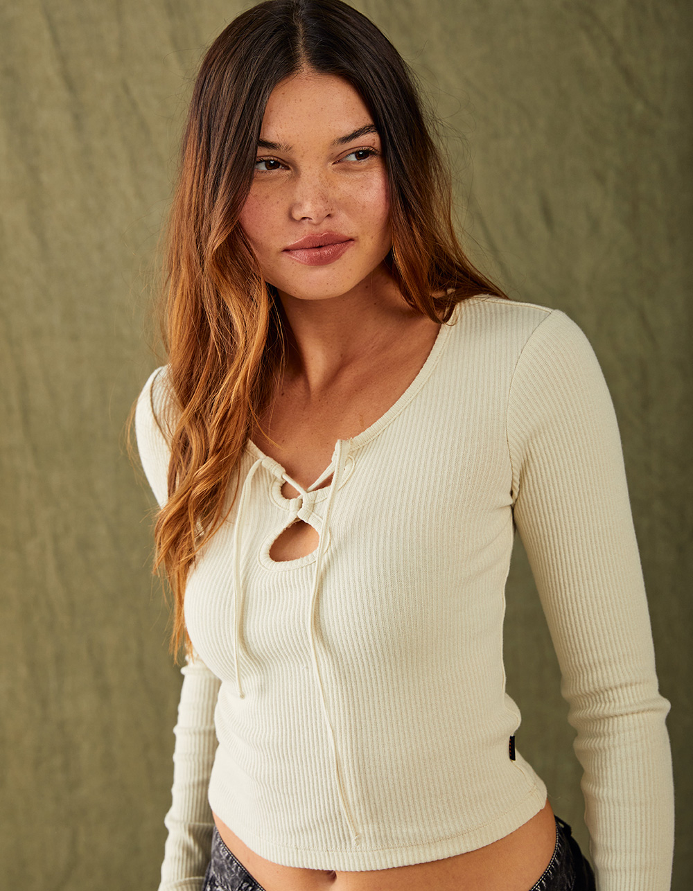 FIVESTAR GENERAL CO. Lace Up Womens Long Sleeve Top - CREAM | Tillys