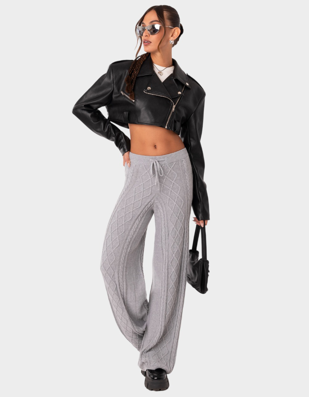 Grey Ribbed Knit Casual Cropped Top and Wide Leg Pants Set