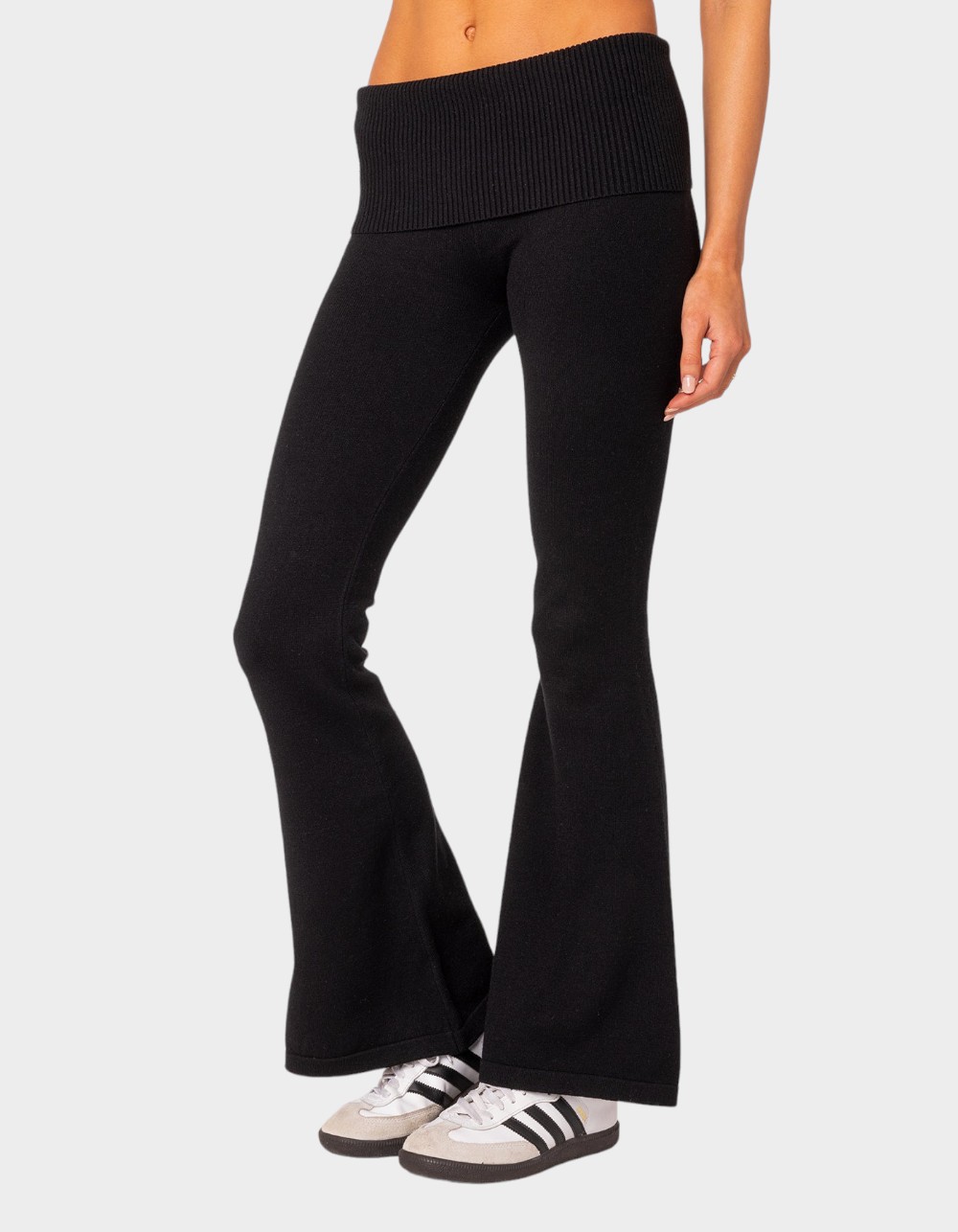 EDIKTED Desiree Knitted Low Rise Fold Over Pants - BLACK