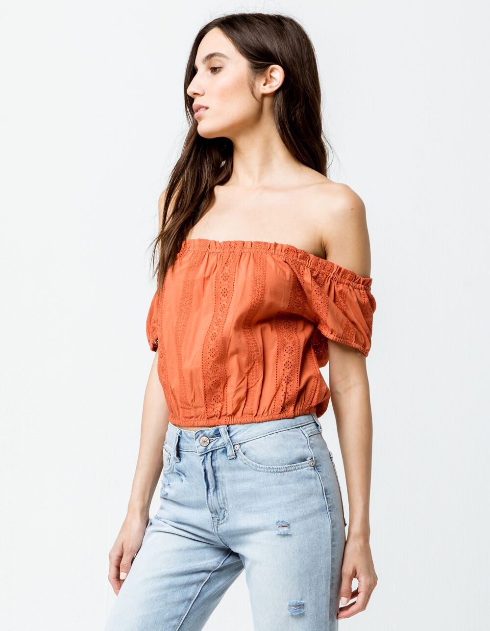 SKY AND SPARROW Crop Peasant Rust Womens Off The Shoulder Top - RUST ...