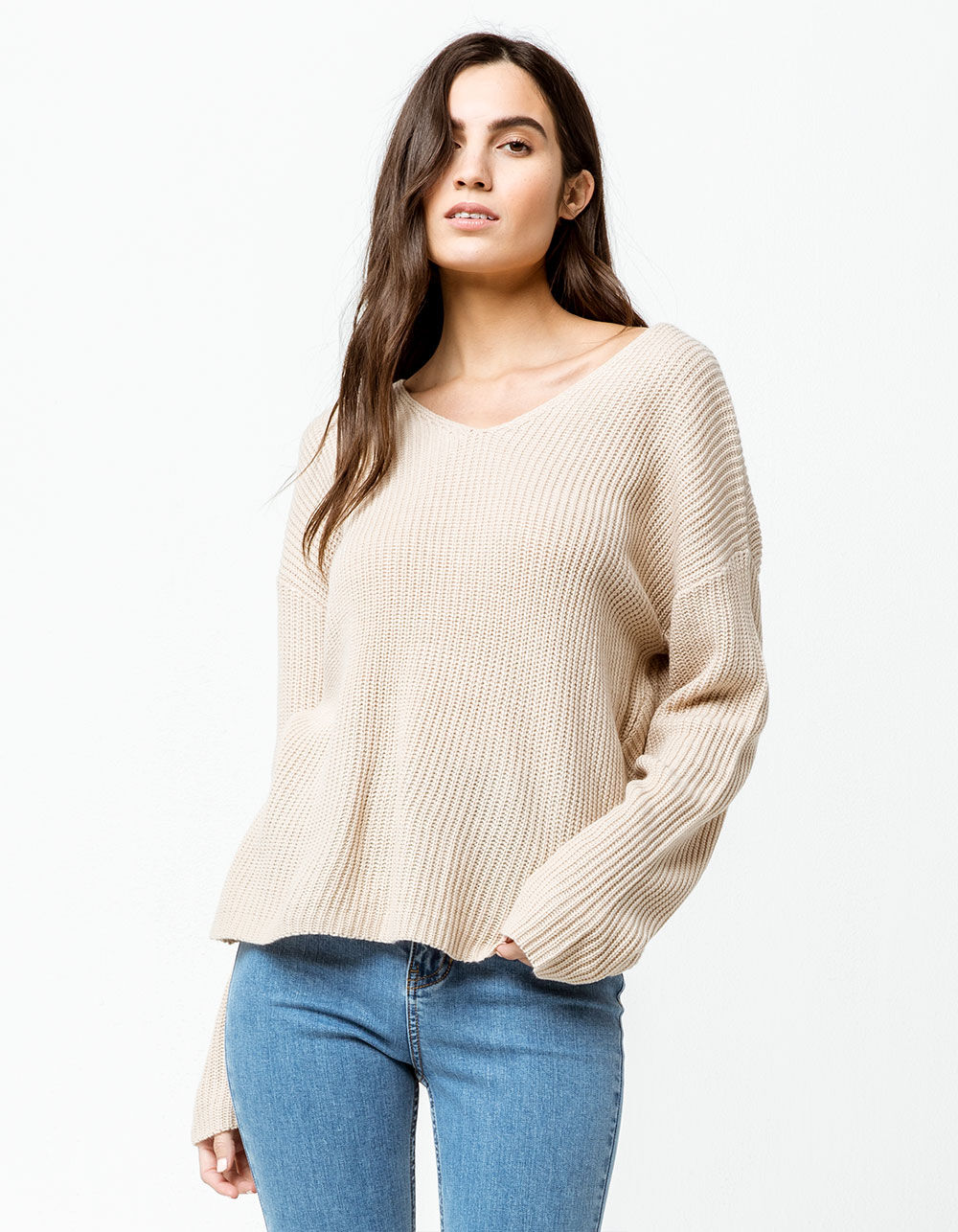 SKY AND SPARROW V-Neck Twist Back Tan Womens Sweater - TAN | Tillys
