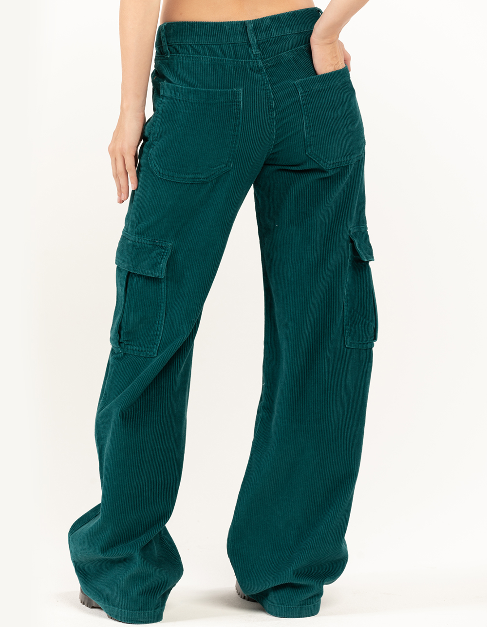 RSQ Womens Low Rise Cargo Corduroy Puddle Pants - DK GREEN