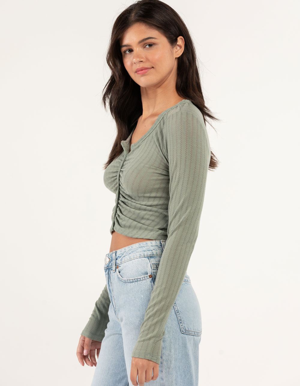 RSQ Button Front Cinch Pointelle Womens Top - OLIVE | Tillys