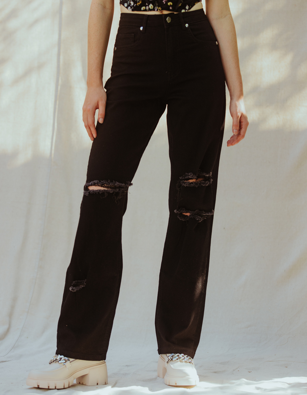 DAISY STREET Womens Wide Leg Ripped Jeans - BLACK