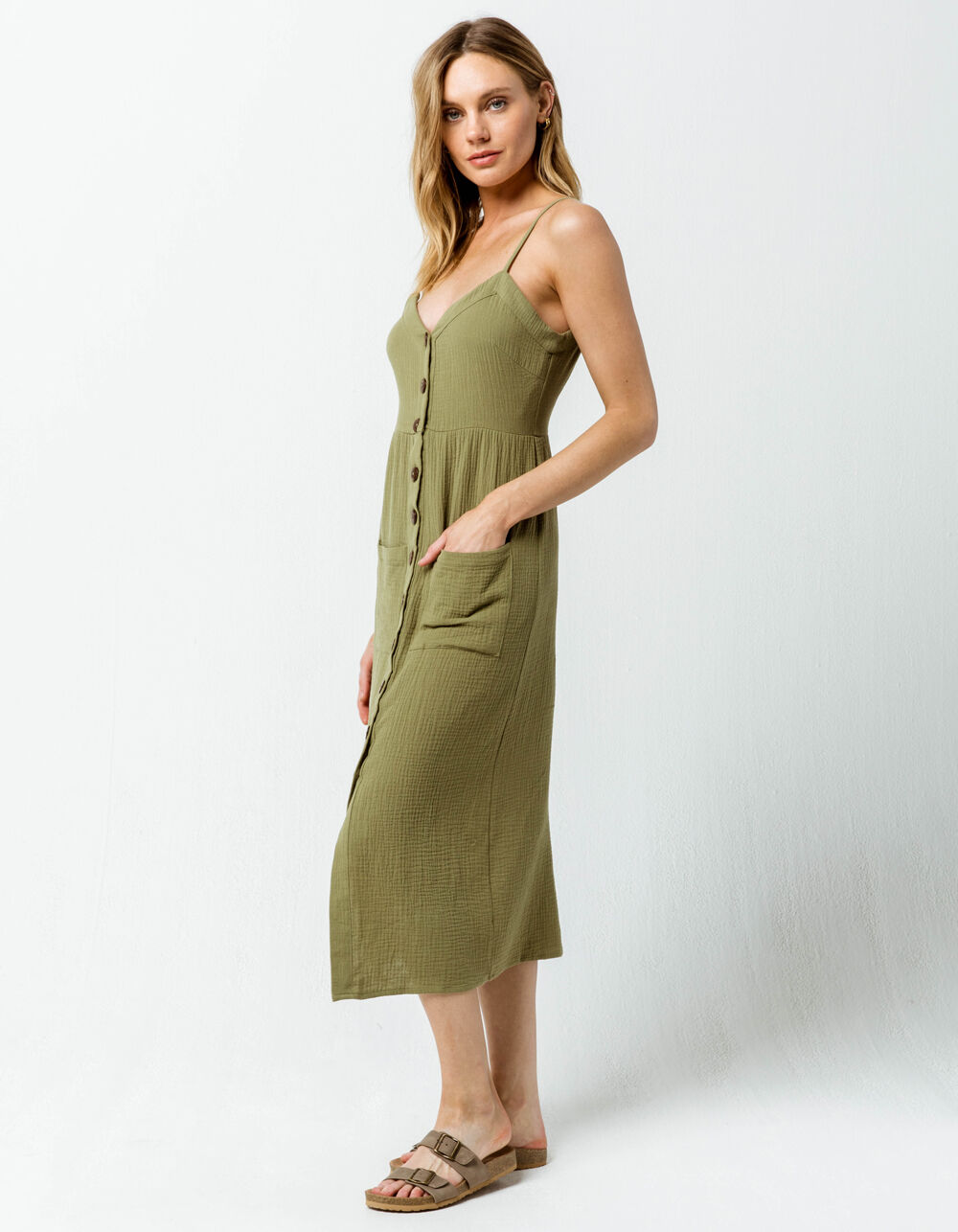 SKY AND SPARROW Button Front Olive Midi Dress - OLIVE | Tillys