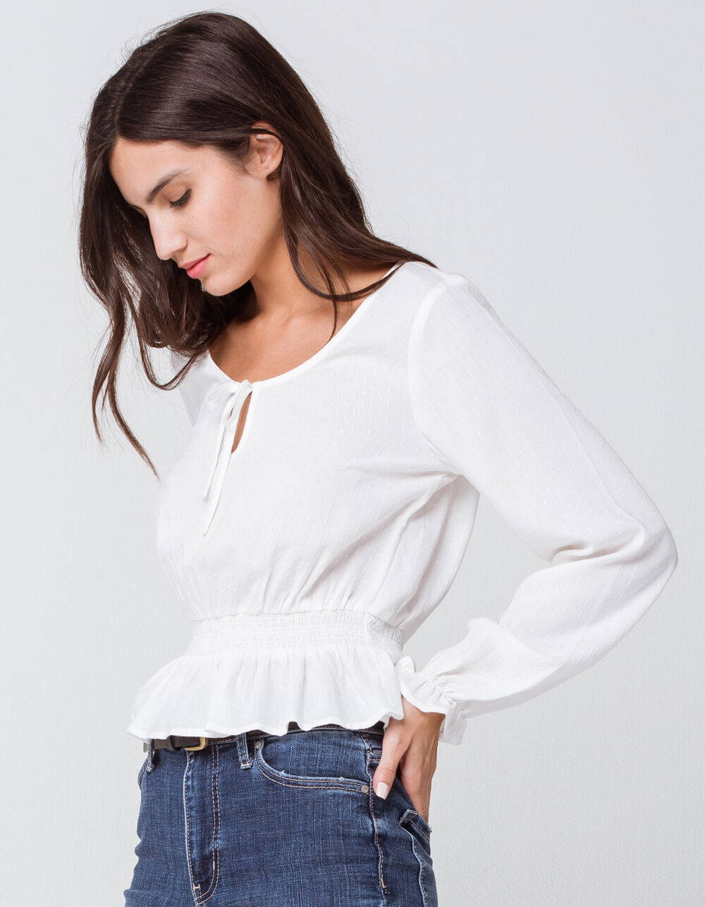 IVY & MAIN Solid Peplum White Womens Peasant Top - WHITE | Tillys