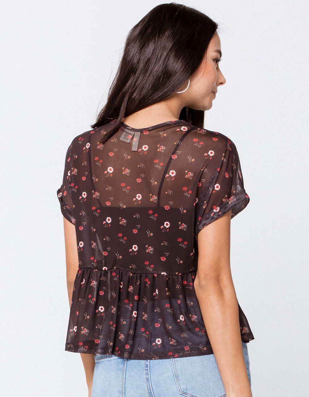 SKY AND SPARROW Ditsy Mesh Womens Babydoll Top - BLACK COMBO | Tillys