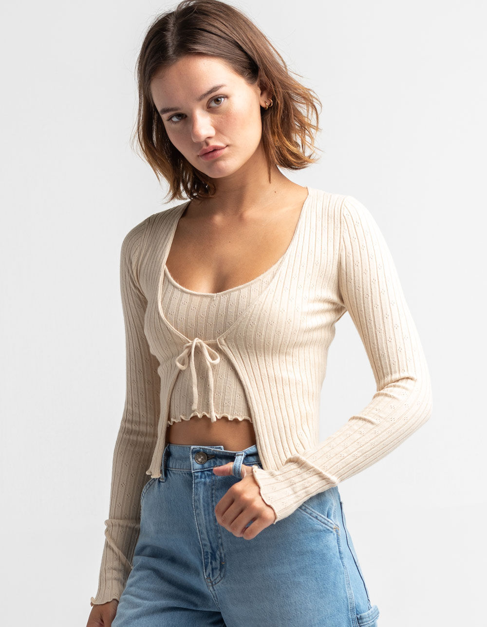 SKY AND SPARROW Tie Front Womens Tan Pointelle Cardigan - TAN - 413199412