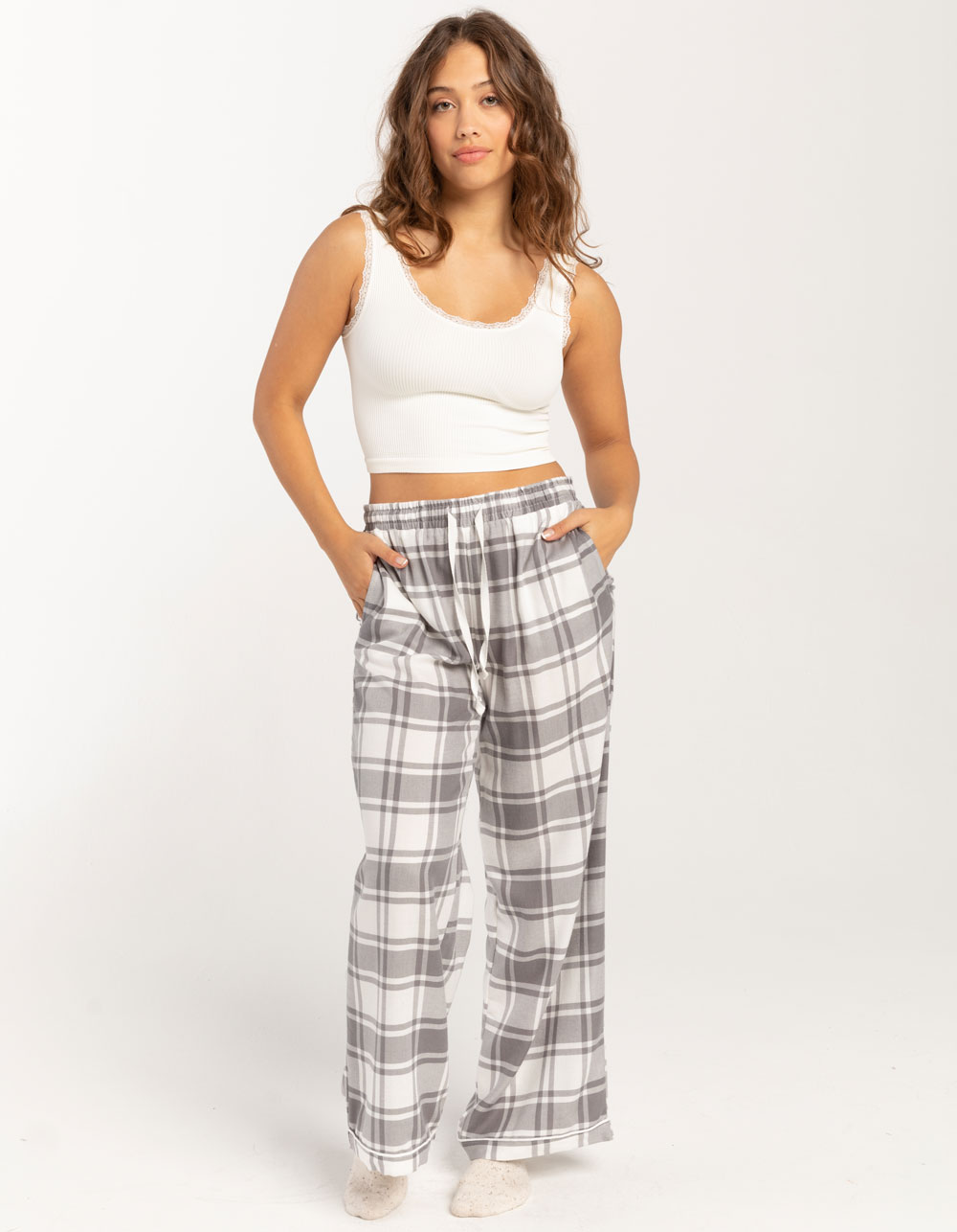 FULL TILT Plaid Womens Pajama Pants - Cream Combo