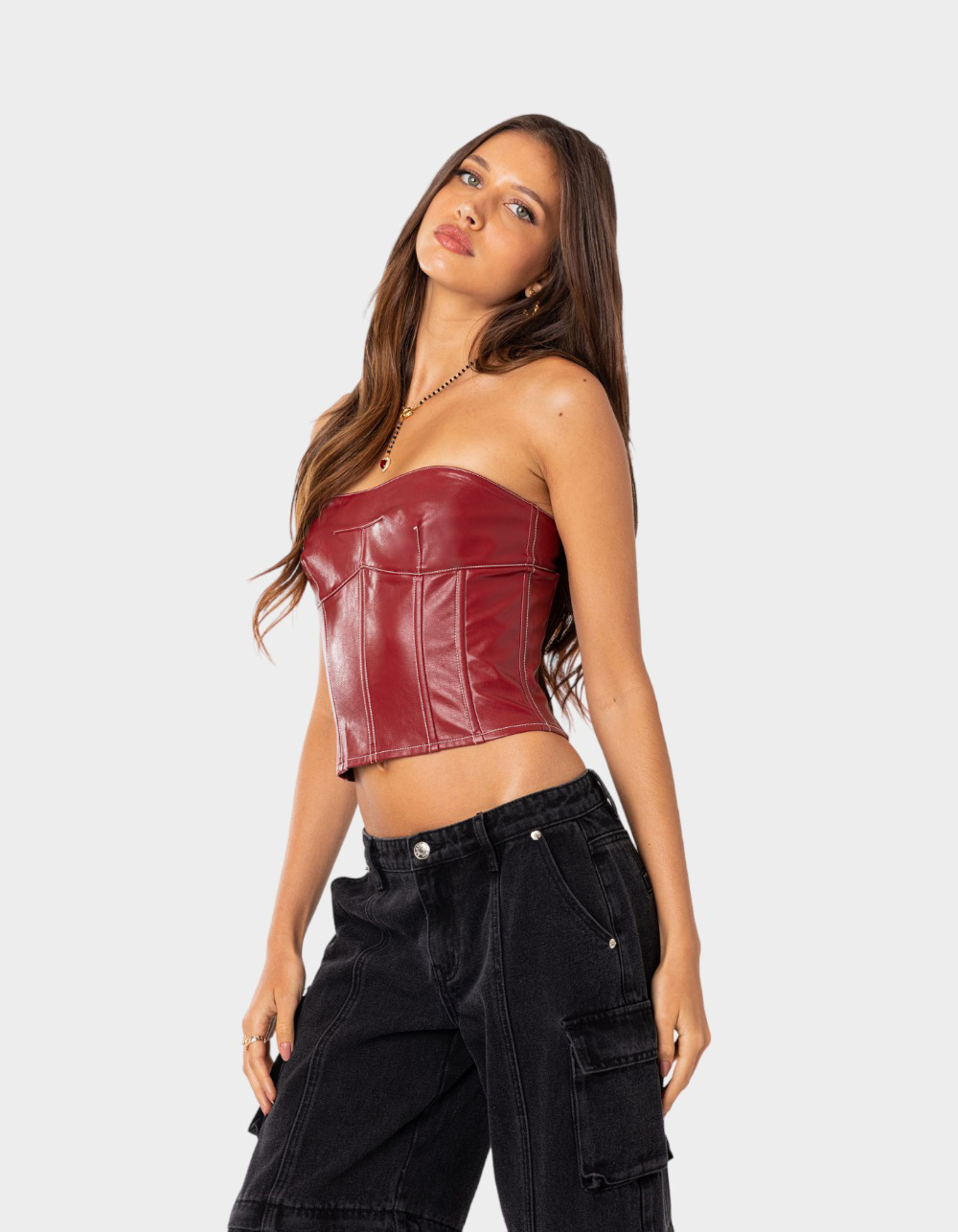 EDIKTED Moss Faux Leather Lace Up Womens Corset Top - DK RED