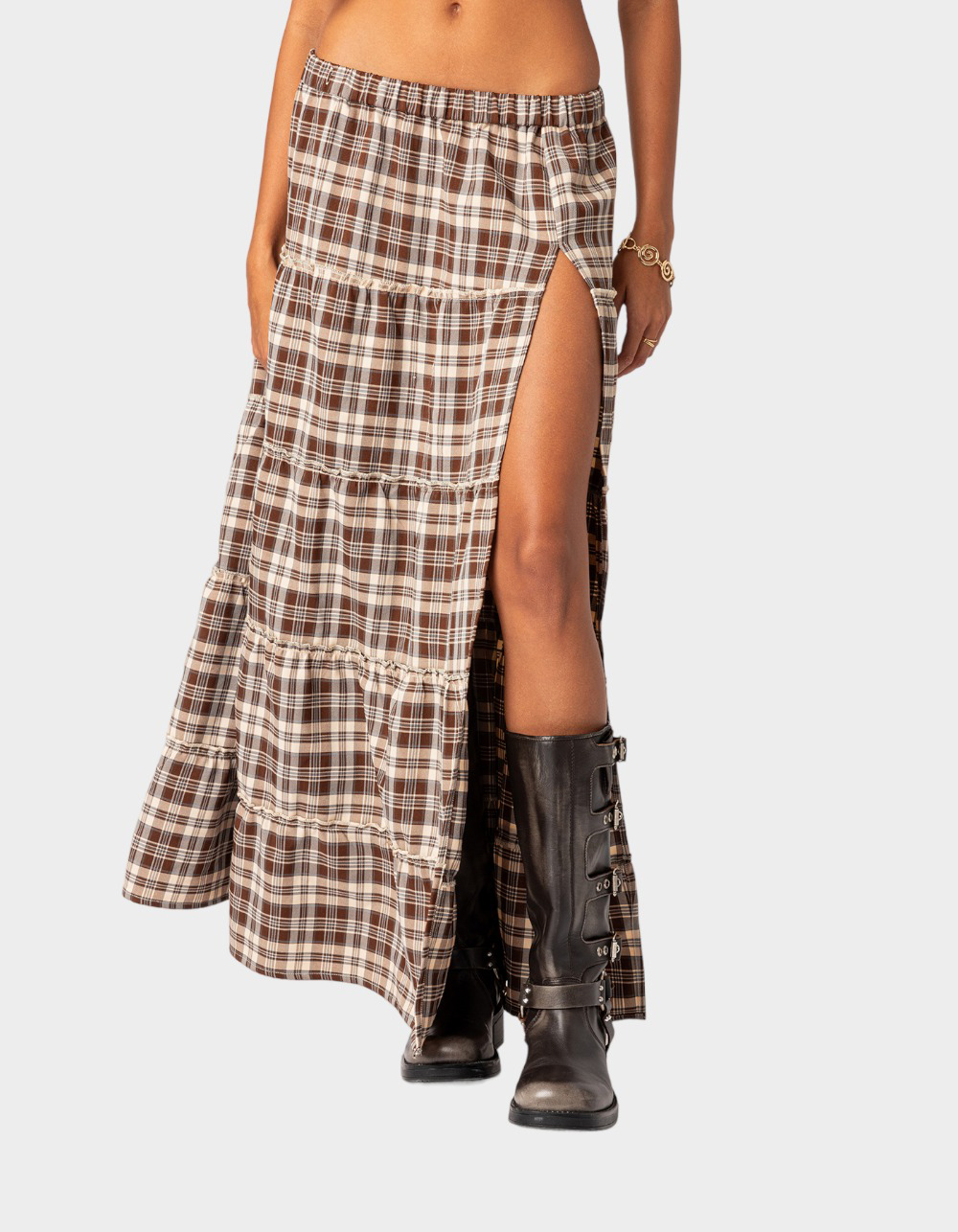 EDIKTED Plaid Side Slit Tiered Womens Maxi Skirt - BROWN | Tillys