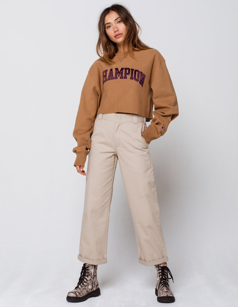 CHAMPION Crop Vintage Wash Womens Crew Sweatshirt - CAMEL | Tillys