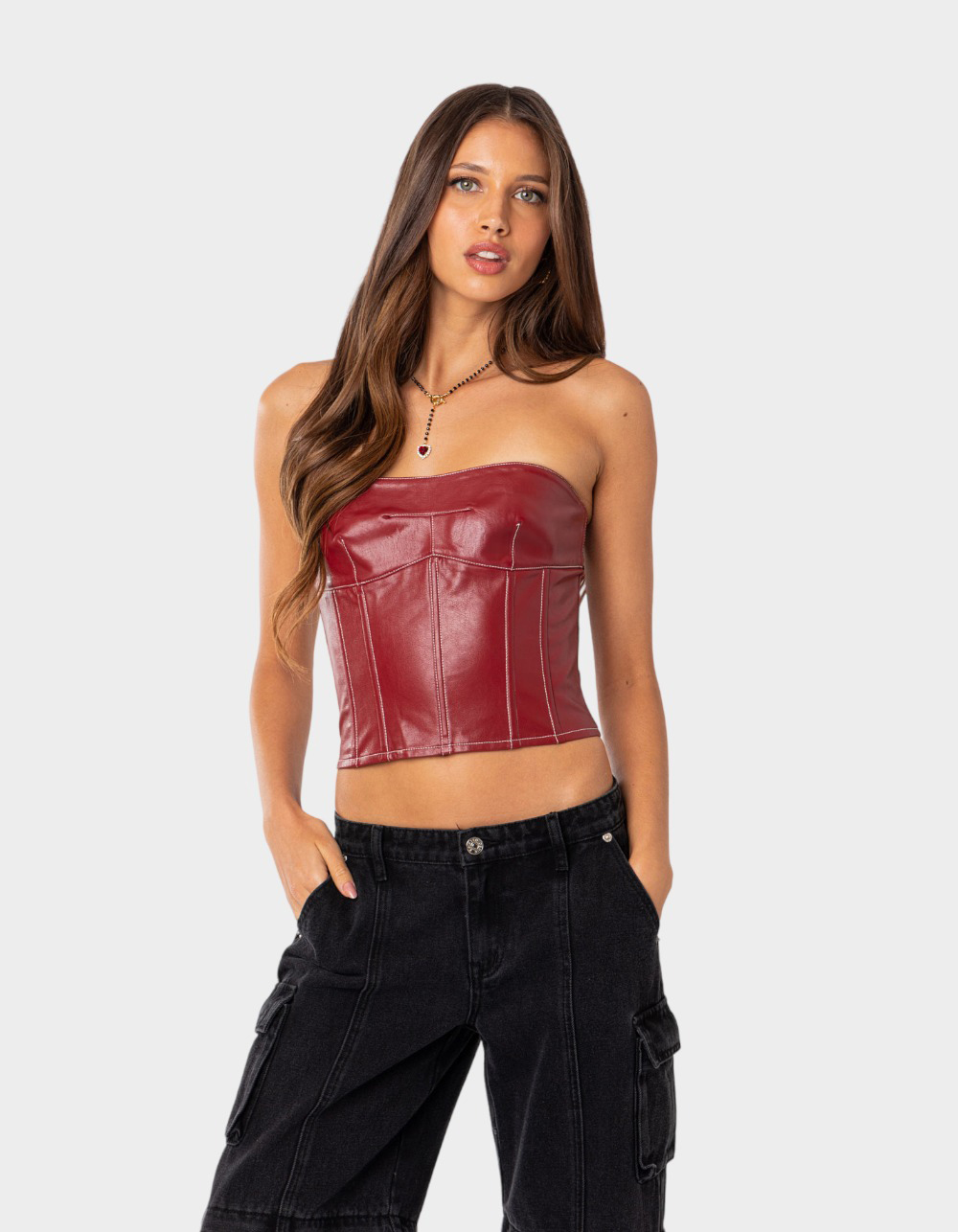 Women Red Leather Front Lace-up Pants, Cut Out Leather