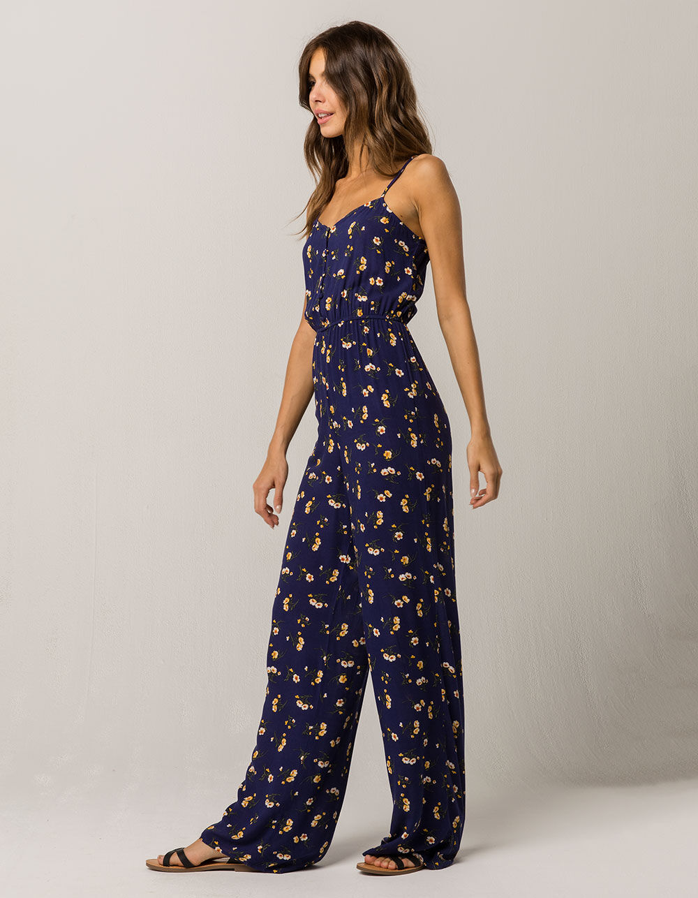 SKY AND SPARROW Floral Button Front Womens Jumpsuit - NAVY COMBO | Tillys