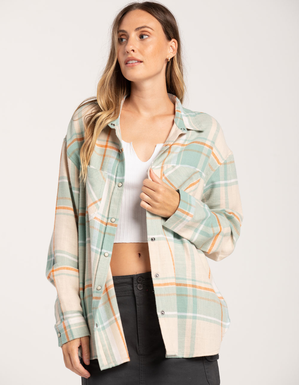 tillys RSQ Womens Oversized Plaid Flannel - CREAM, Tillys