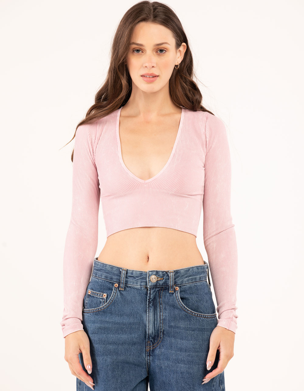 UO Long Sleeve Josie Ribbed V-Neck Top