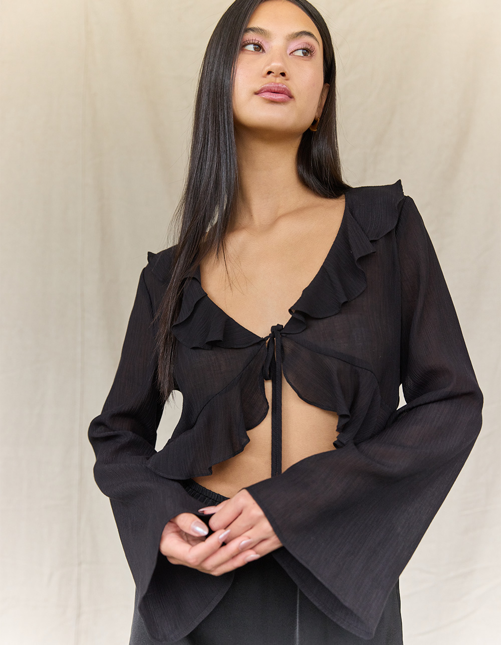 WEST OF MELROSE Sheer Ruffle Womens Long Sleeve Top - BLACK