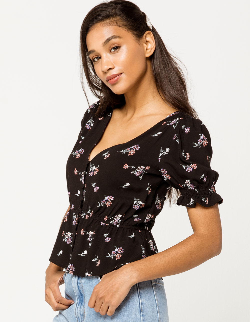 MIMI CHICA Button Front Peplum Womens Peasant Top - BLACK COMBO | Tillys