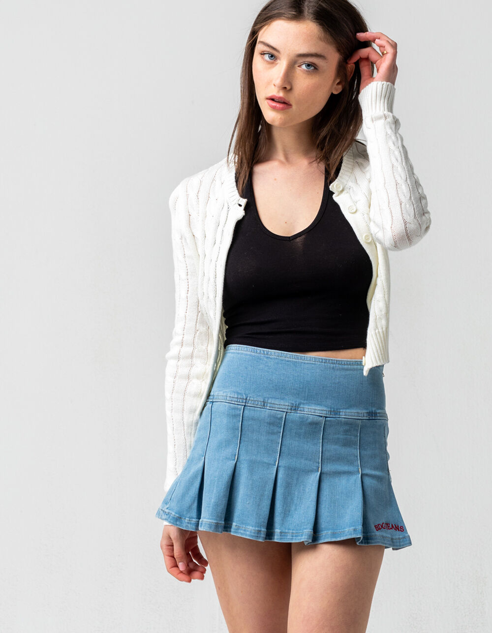 Button Down Pleated Denim Mini Skirt