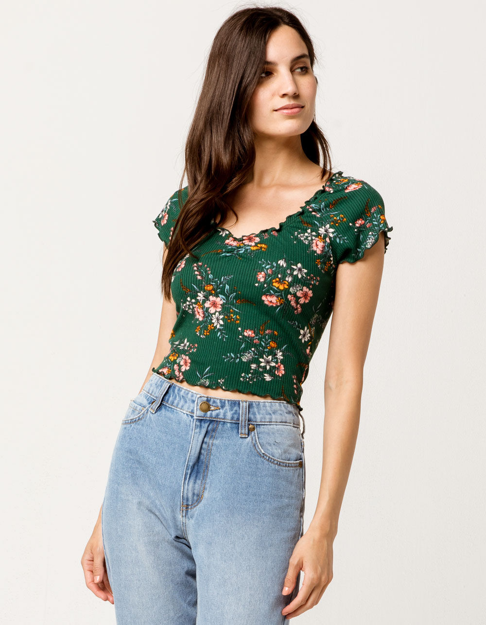 SKY AND SPARROW Floral Cinch Front Womens Crop Top - HUNTER | Tillys
