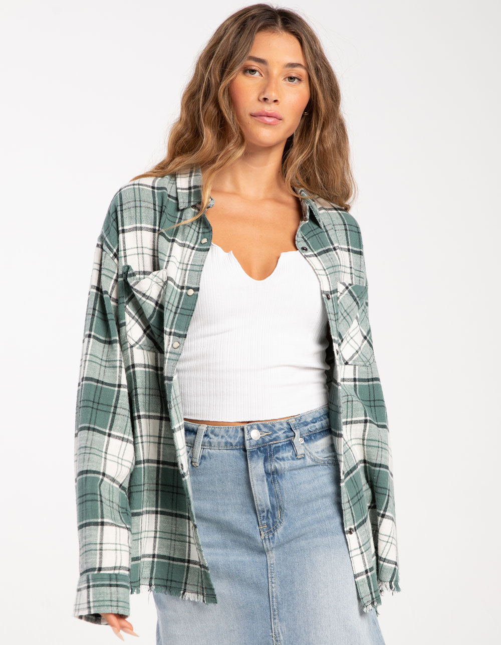 RSQ Womens Raw Edge Flannel - GREEN | Tillys