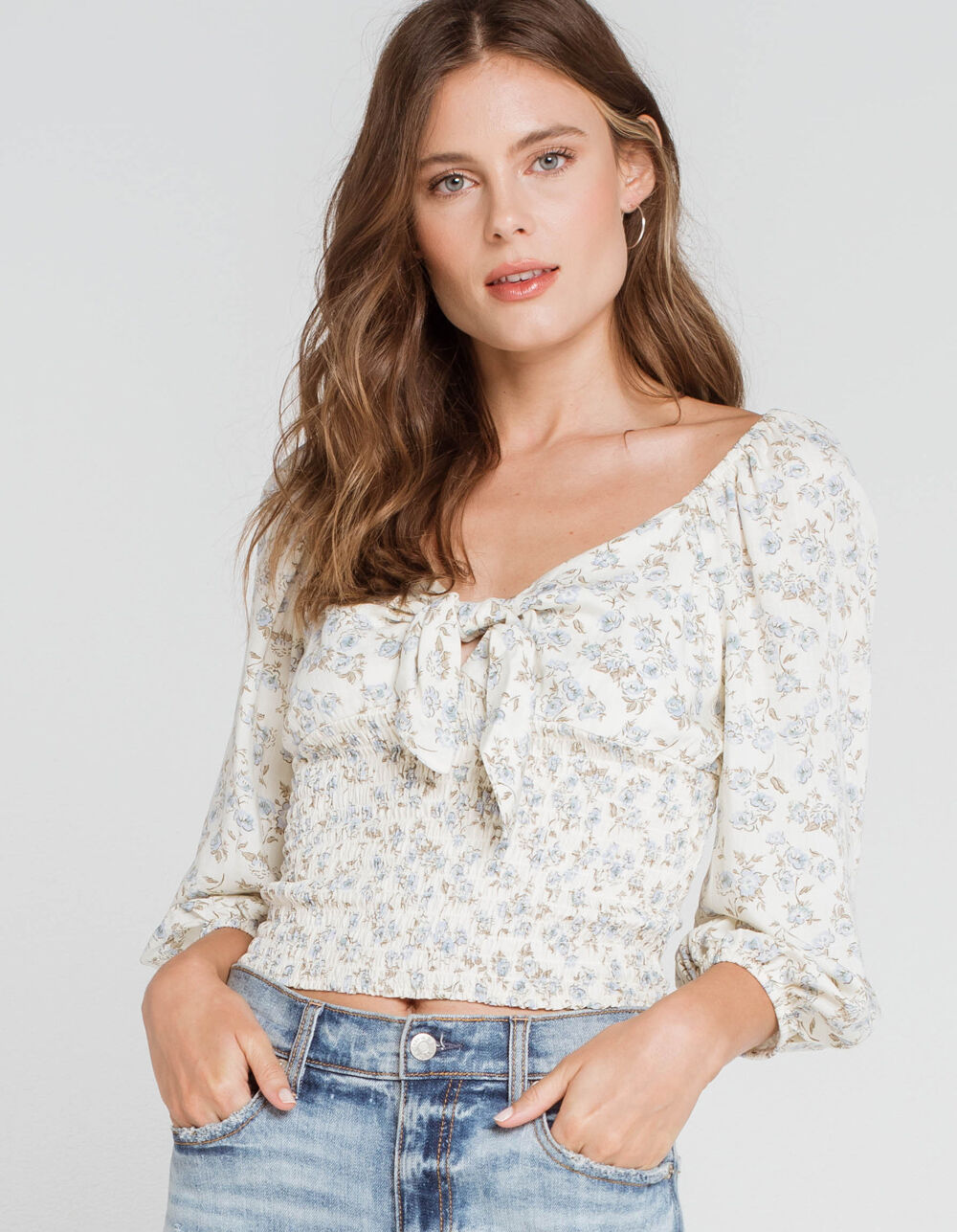 WEST OF MELROSE Flower Hour Tie Front Smocked Top - WHITE COMBO | Tillys