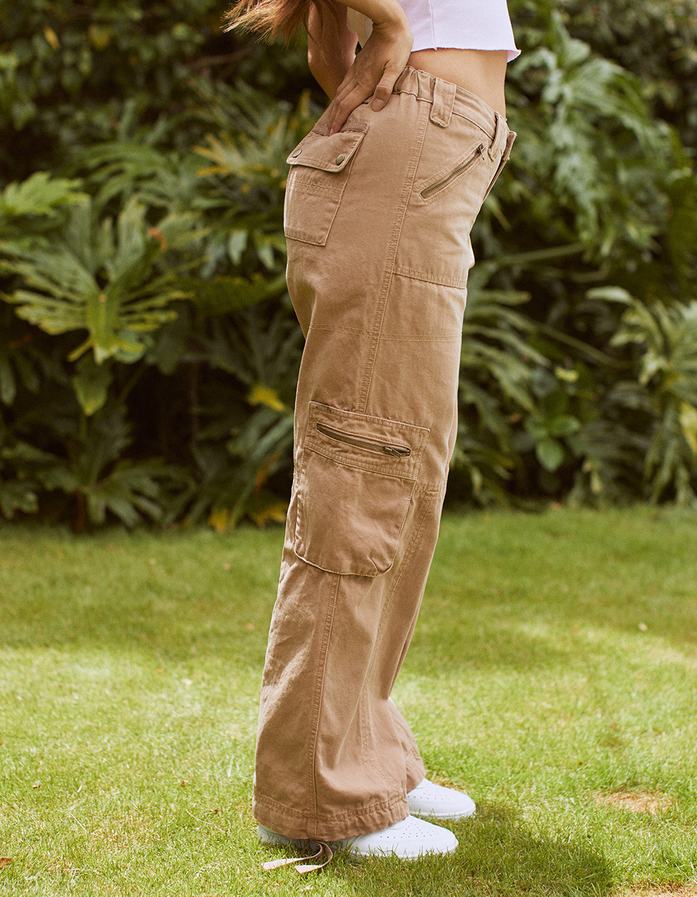 RSQ Womens Low Rise Overdye Cargo Zipper Pants - FADED BROWN