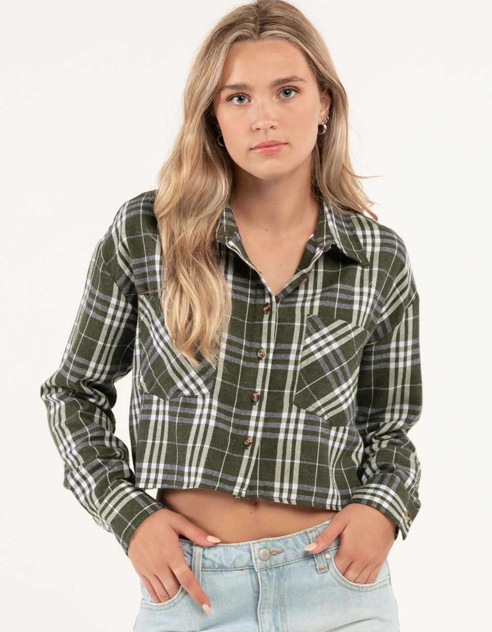 RSQ Womens Crop Flannel - OLIVE | Tillys