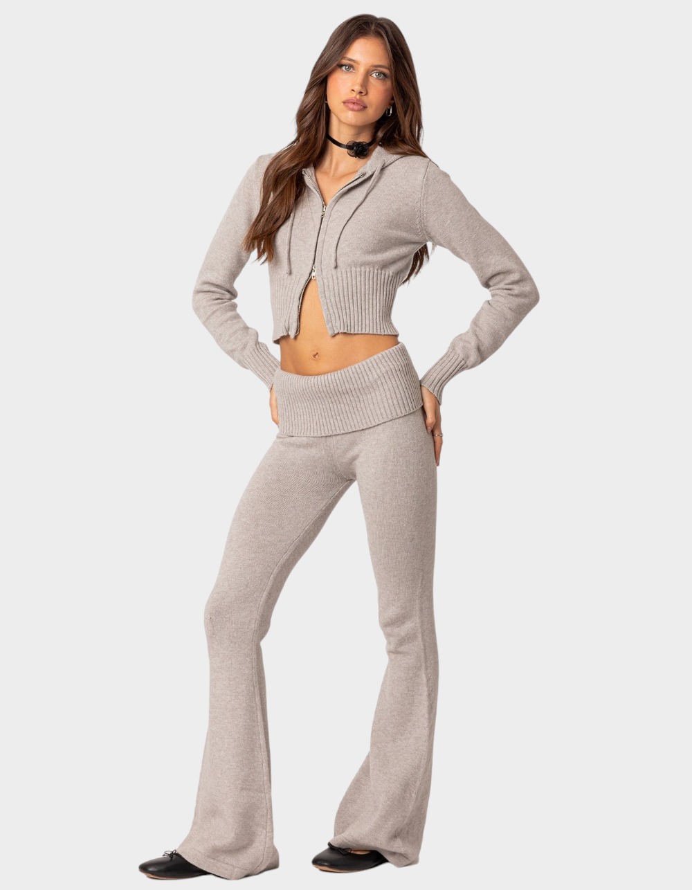 EDIKTED Desiree Knitted Low Rise Fold Over Pants - GRAY