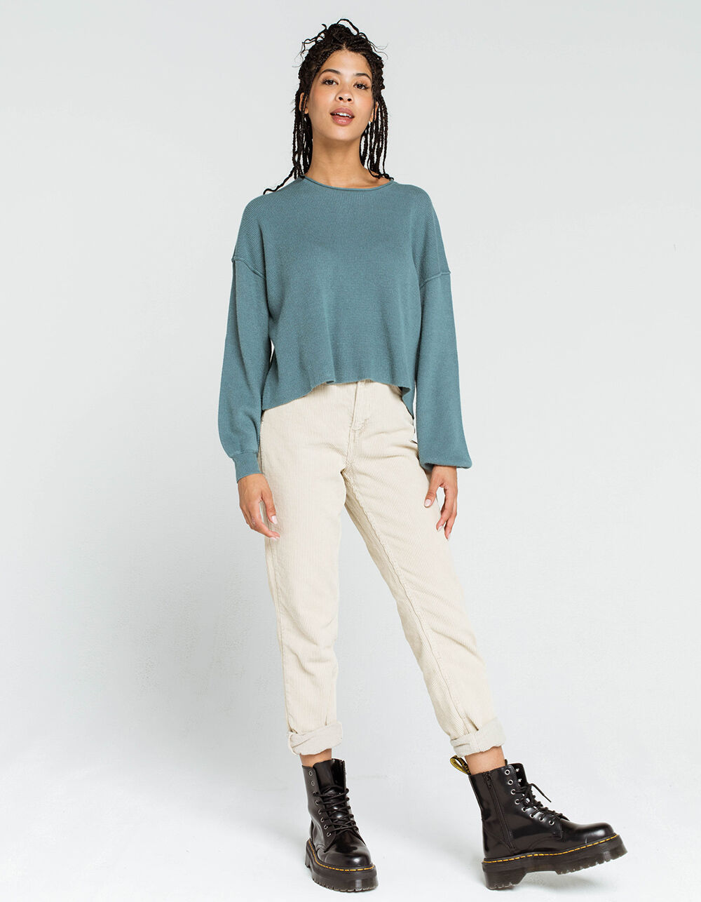 SKY AND SPARROW Rib Balloon Sleeve Womens Green Sweater - GREEN | Tillys