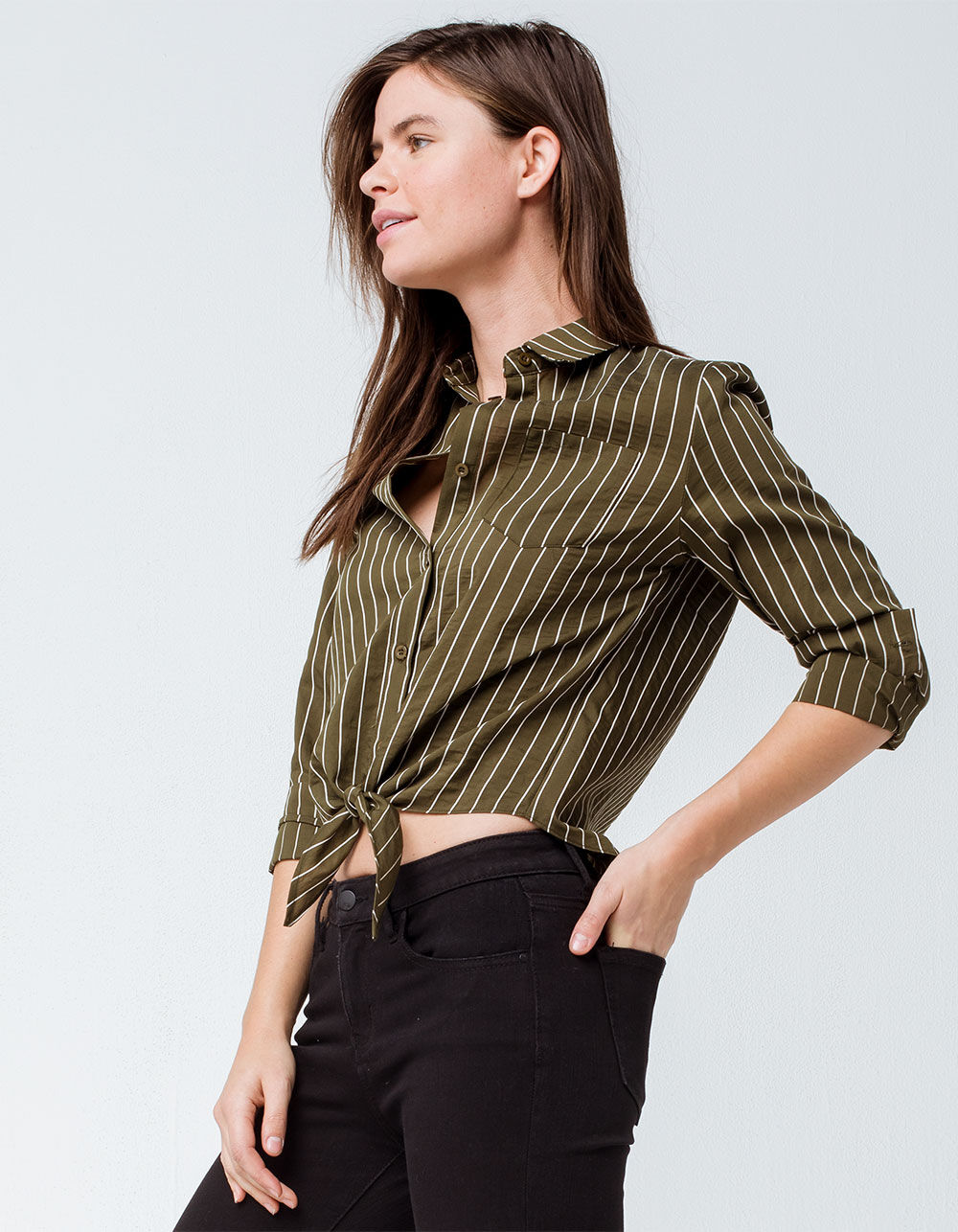 SKY AND SPARROW Stripe Button Olive Womens Tie Front Top - OLIVE | Tillys