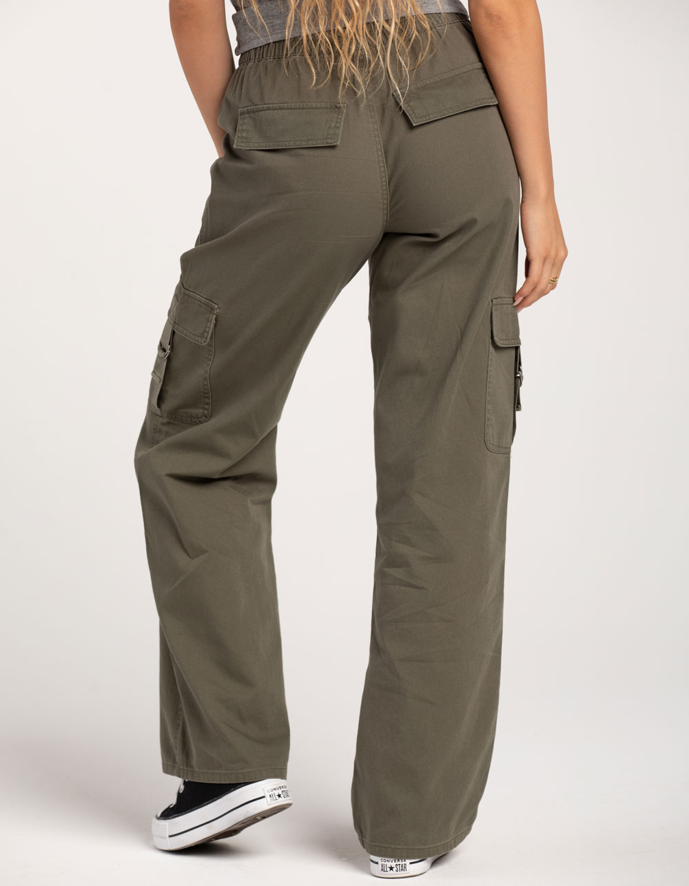 Tillys RSQ Womens Mid Rise Cargo Tape Pocket Twill Pants - OLIVE