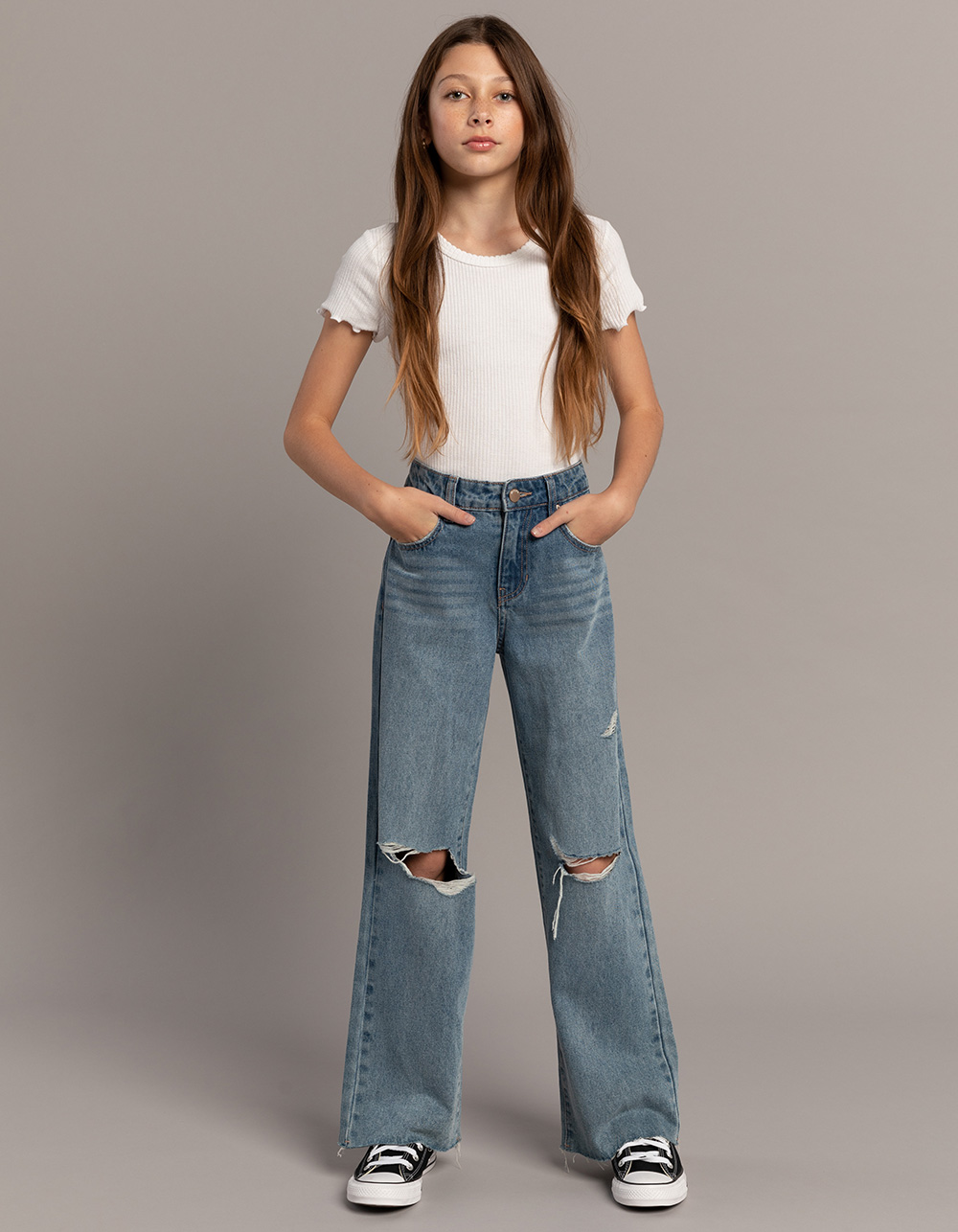 Girls Baggy Jeans Wide Leg Ripped Jeans Casual Elastic Waist Denim Pants  for Kids Teens