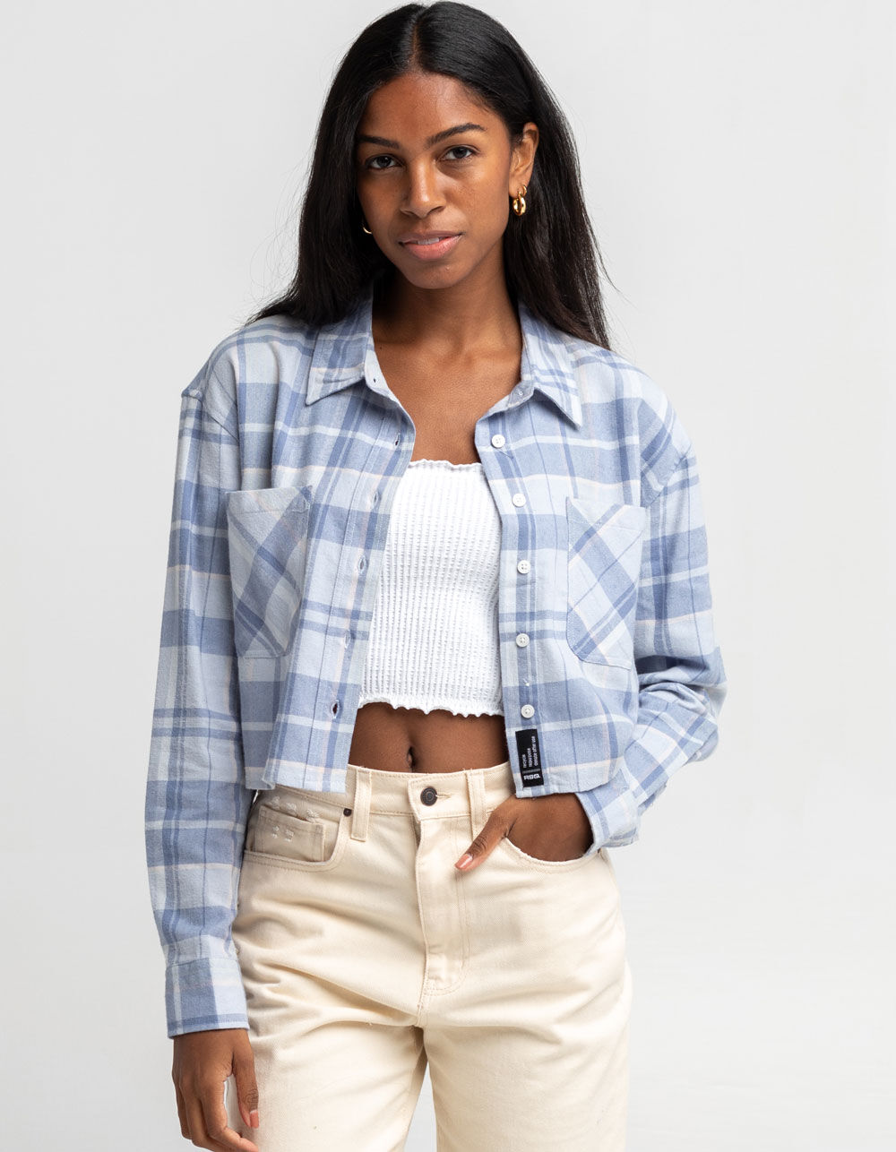 RSQ Womens Soft Lucky Tartan Crop Flannel Shirt - LIGHT BLUE | Tillys