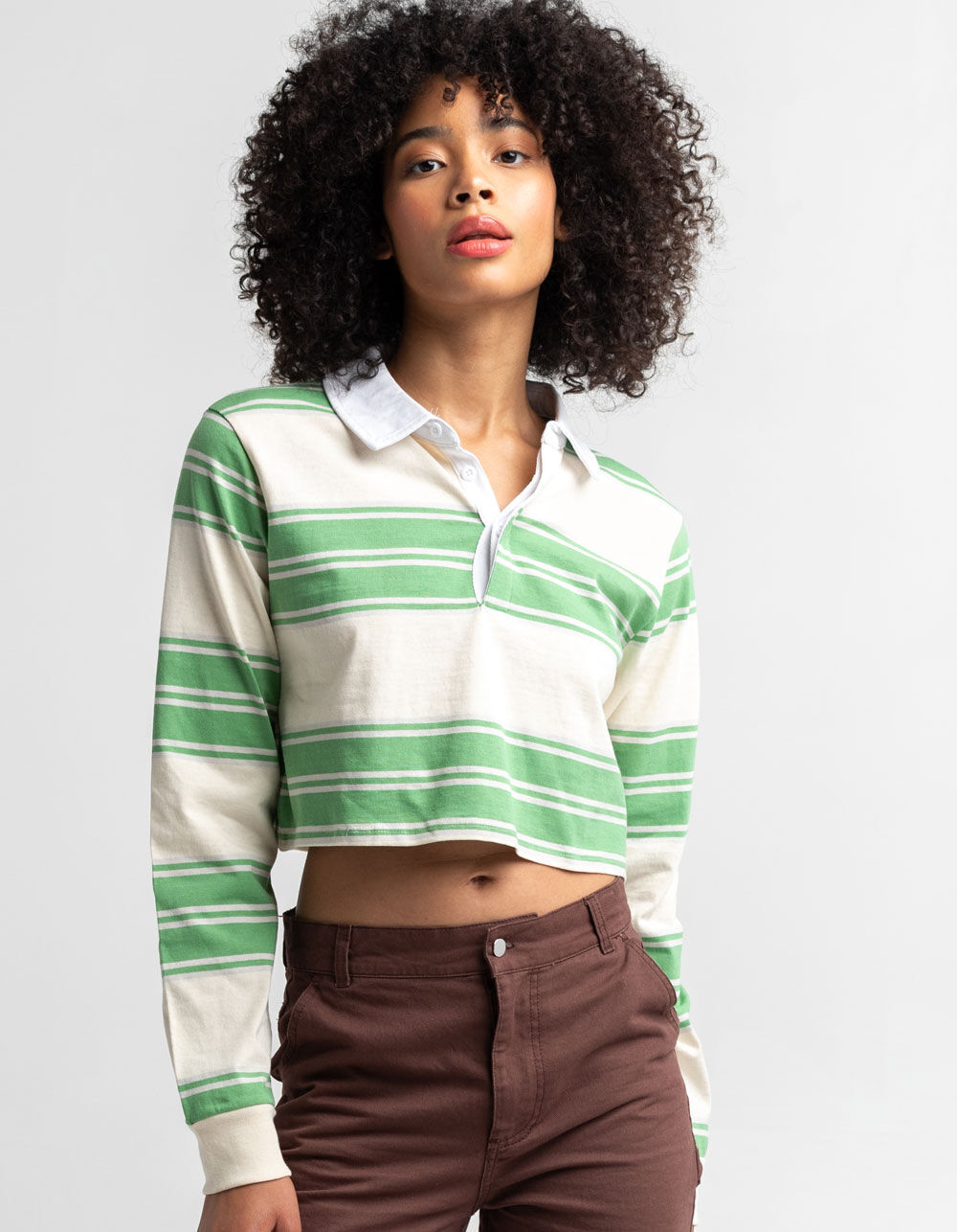 FULL TILT Womens Green White & Gray Stripe Rugby Polo Shirt - GREEN ...