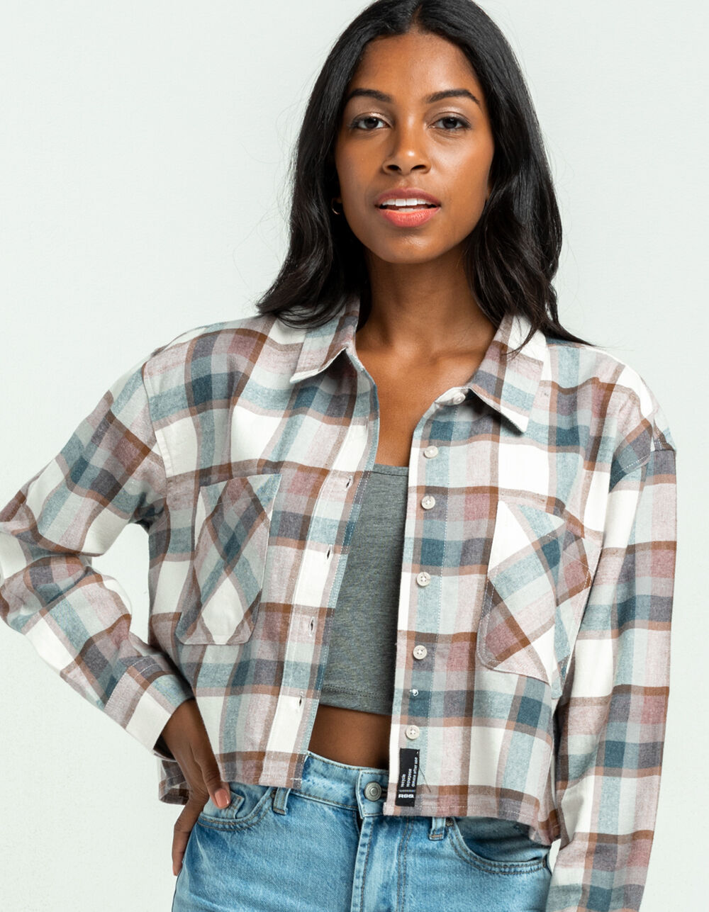 RSQ Block Plaid Womens Crop Flannel Shirt - CREAM COMBO | Tillys