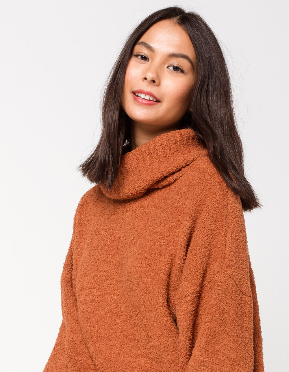 SKY AND SPARROW Fuzzy Cowl Womens Bell Sleeve Sweater - RUST | Tillys