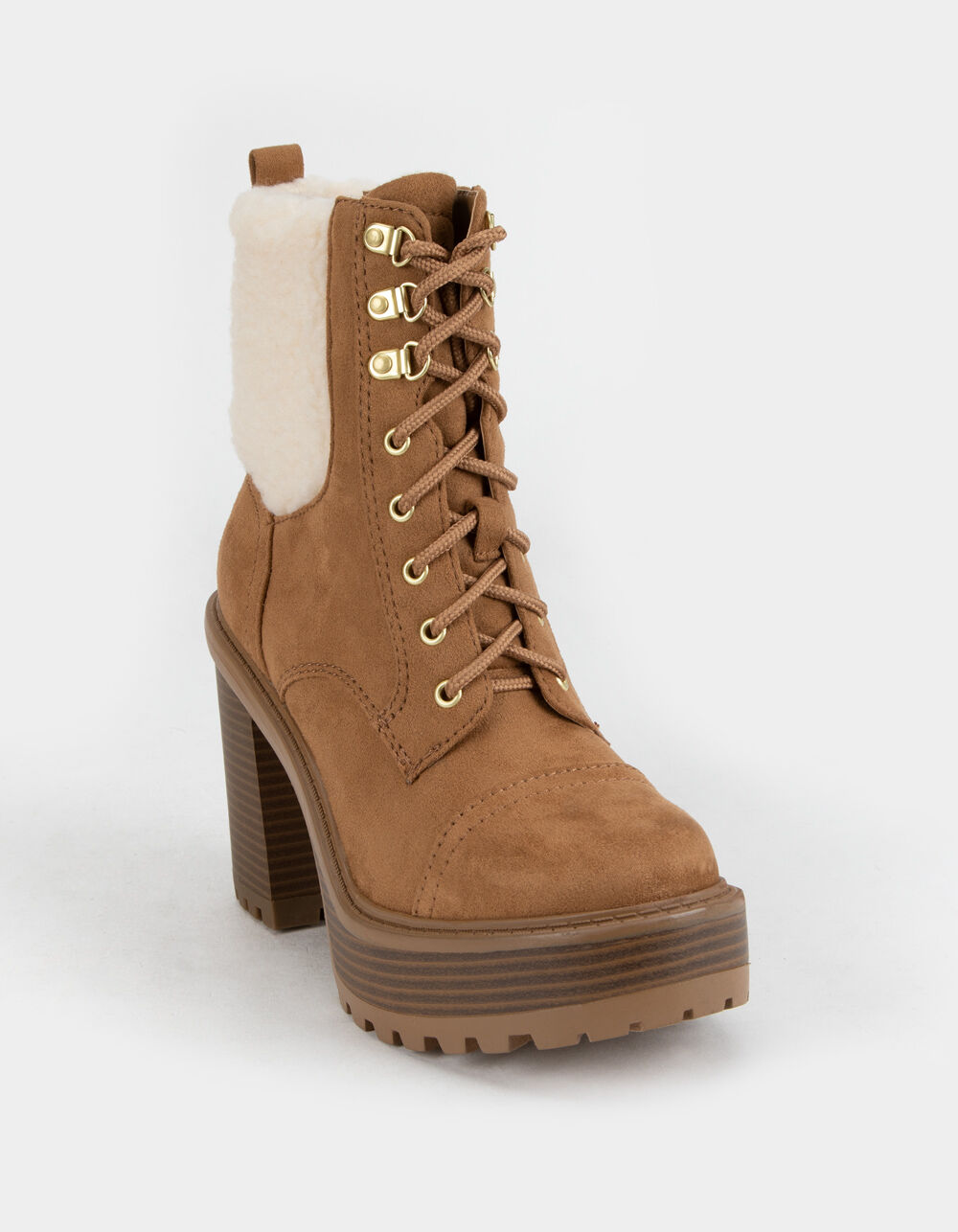 SODA Platform Lace Up Shearling Womens Booties - CHESTNUT | Tillys