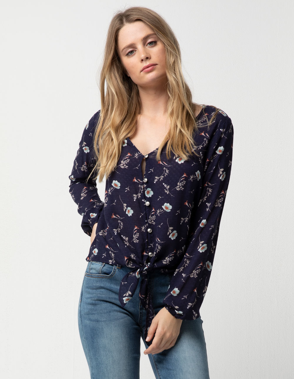 SKY AND SPARROW Button Front Floral Tie Front Womens Top - NAVY COMBO ...